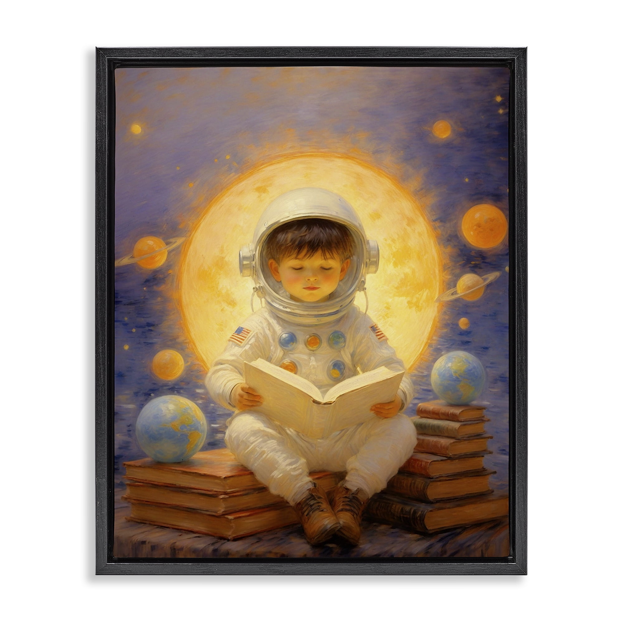 Astronaut Child Learning Black Framed Floater Canvas Wall Art, design by Angie Hawke