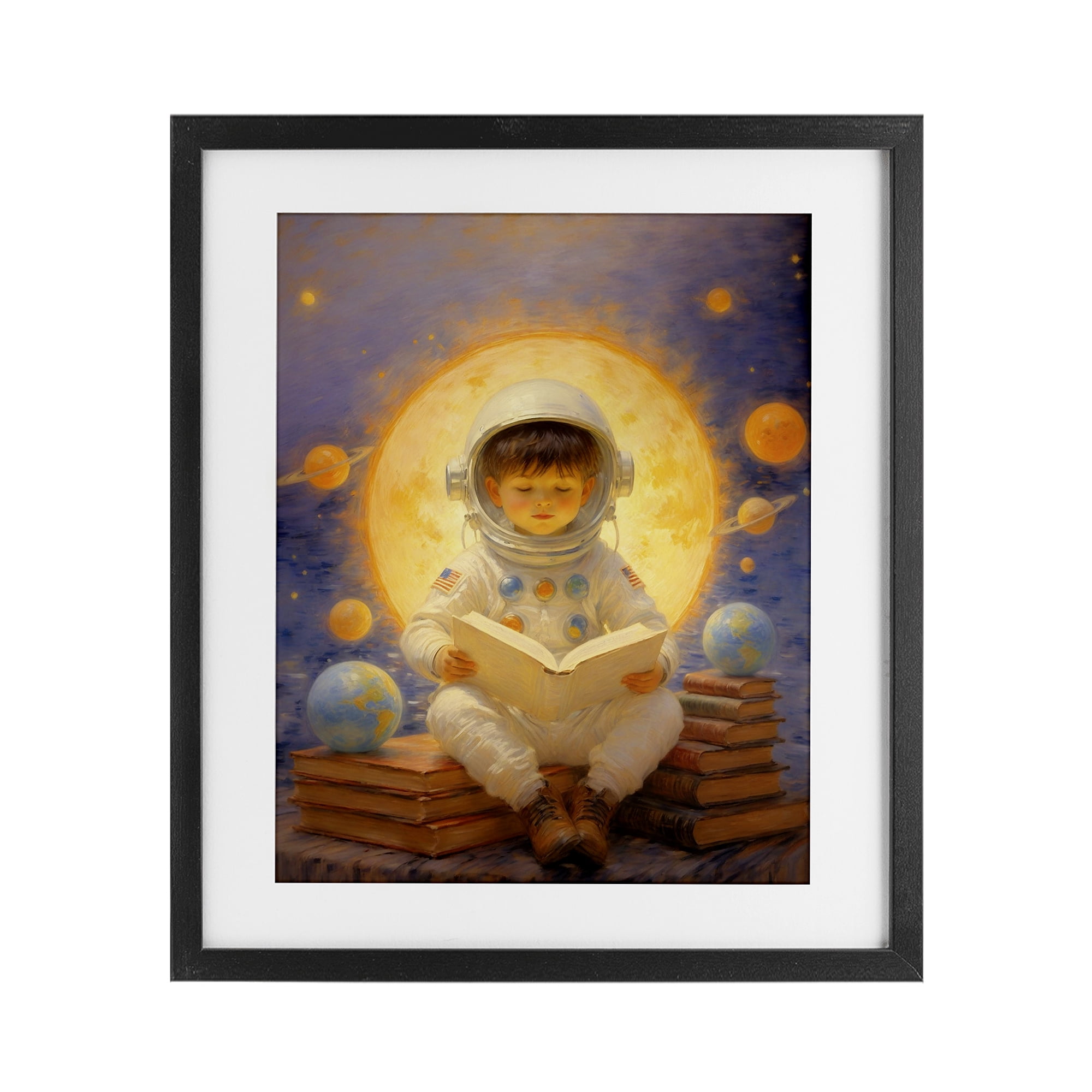 Astronaut Child Learning Black Framed Print Under Glass, design by Angie Hawke