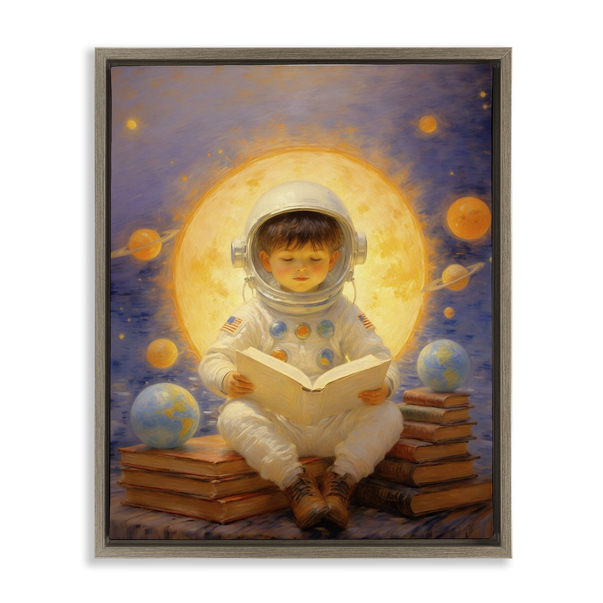 Astronaut Child Learning Brown Framed Floater Canvas Wall Art, design by Angie Hawke