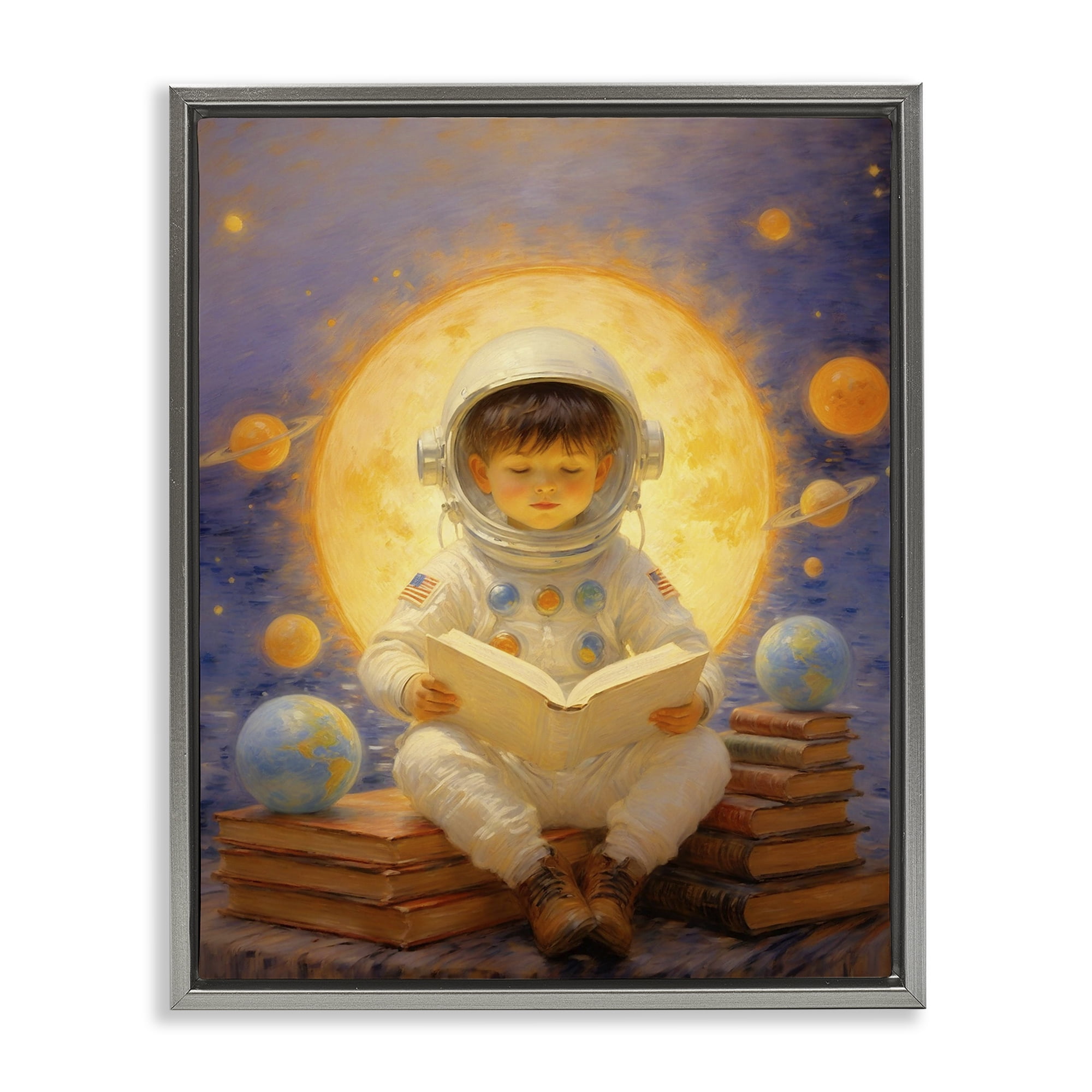 Astronaut Child Learning Gray Framed Floater Canvas Wall Art, design by Angie Hawke
