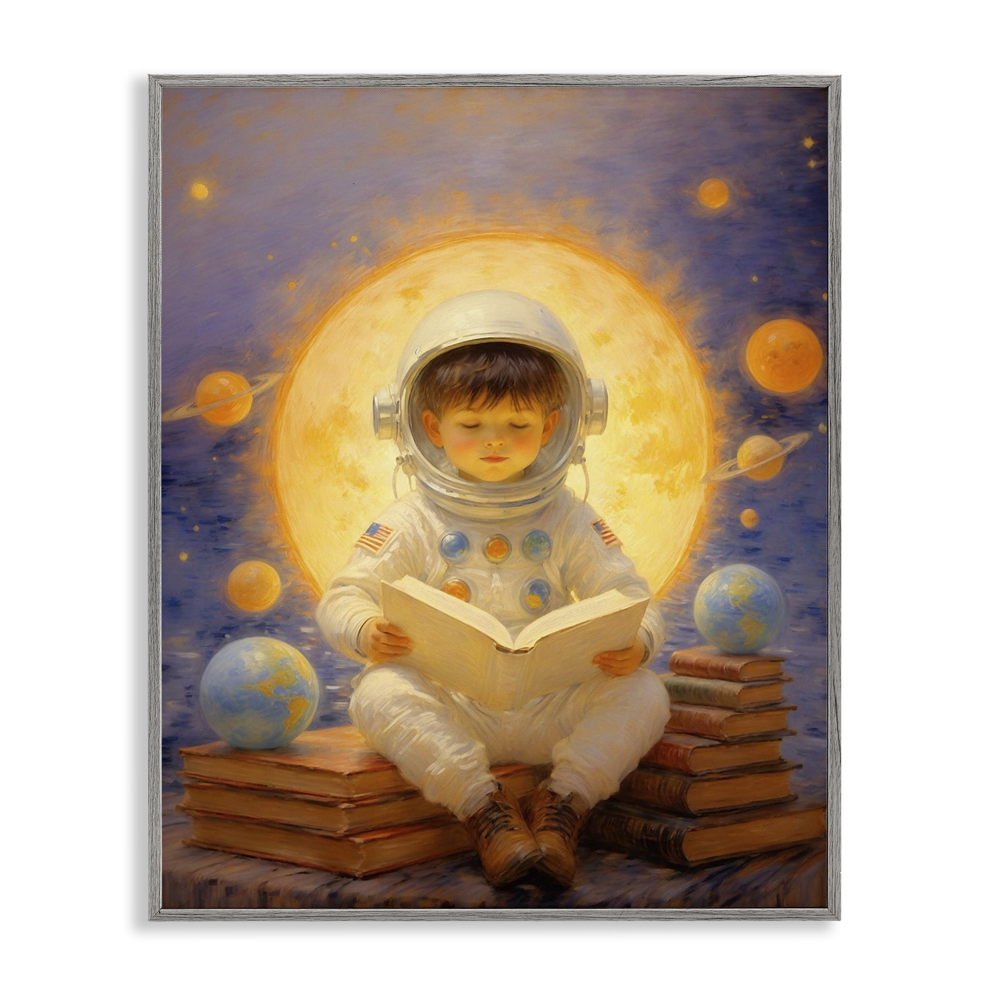 Astronaut Child Learning Gray Framed Giclee Art, design by Angie Hawke