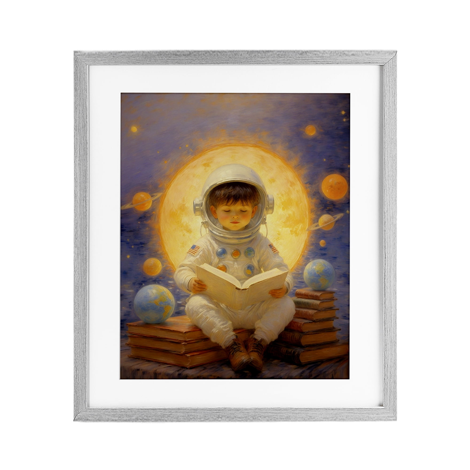 Astronaut Child Learning Gray Framed Print Under Glass, design by Angie Hawke