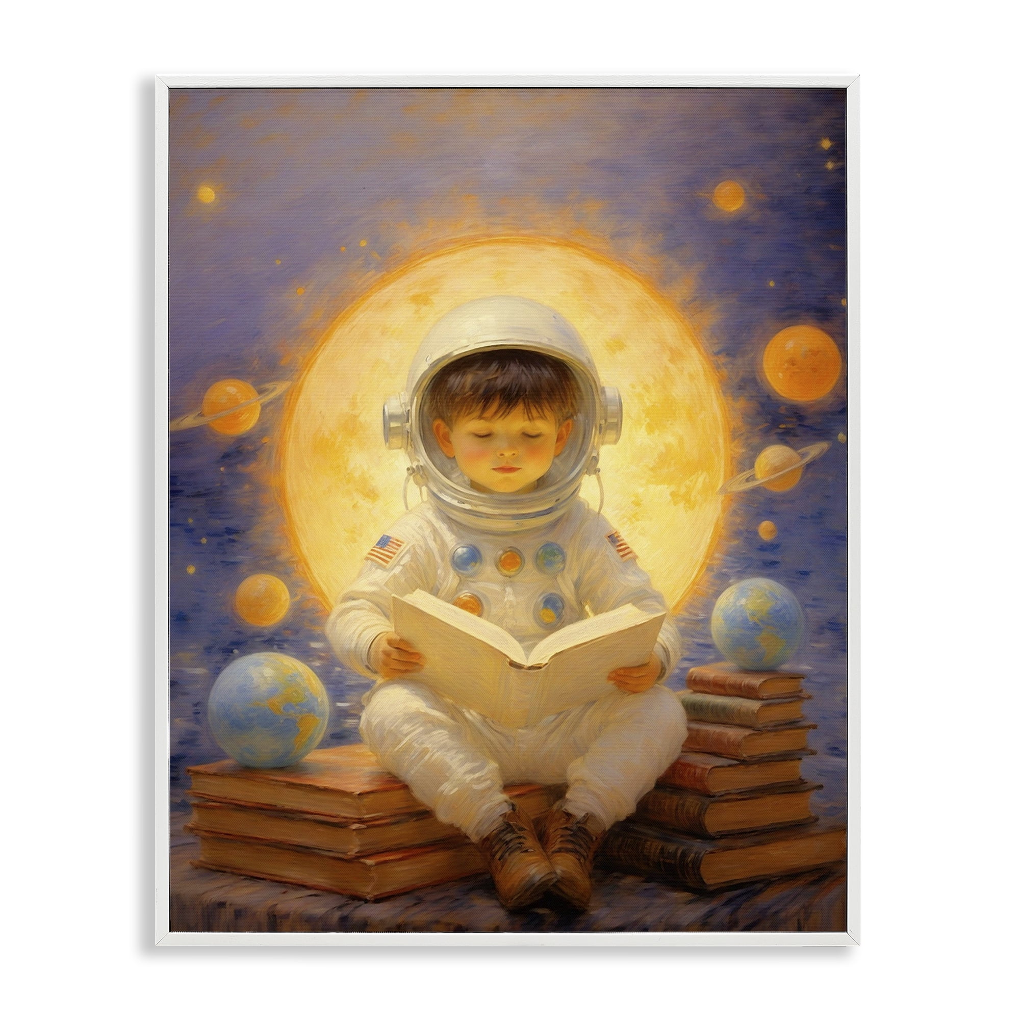 Astronaut Child Learning White Framed Giclee Art, design by Angie Hawke