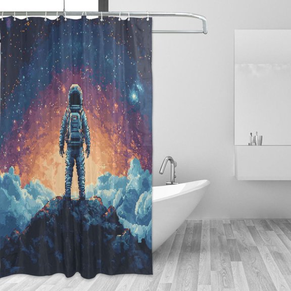 Astronaut Clouds Space Pixel Style Shower Curtains with 12 Hooks Waterproof Bathroom Decor 66" x 72"