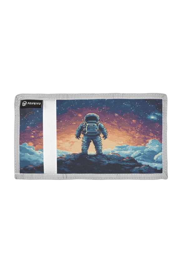 Astronaut Clouds Space Pixel Style Trifold Wallets Card Holders Coin Pockets with Lanyards Portable Unisex