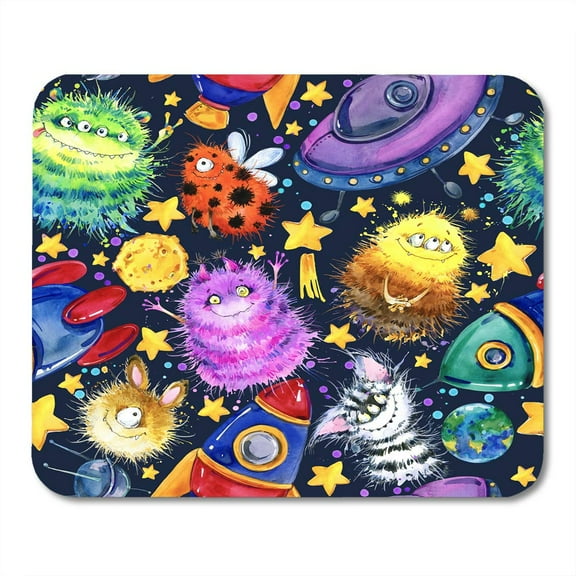 Astronaut Colorful Cute Monster Watercolor Cartoon Space Rocket Flying Saucer Alien Fly Baby Mousepad Mouse Pad Mouse Mat 9x10 inch