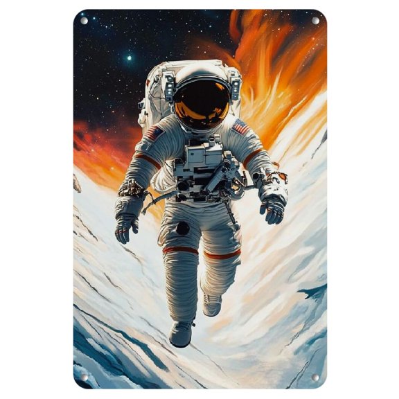 Astronaut in Cosmic Landscape Iron Wall Art - Retro Space-Themed Decor for Home, Bar, Cafe, Kitchen, 8x12 Inches, Vibrant Colors, Easy to Hang, Space Room Decor