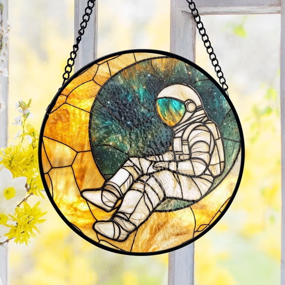 Astronaut Cosmic Moon Suncatcher Stained Glass Space Exploration Window Art