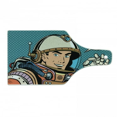 Astronaut Cutting Board, Middle Aged Sapce Man Gesturing and Saying OK Speech Bubble Space Themed Catroon, Tempered Glass Cutting and Serving Board, Wine Bottle Shape, Multicolor, by Ambesonne