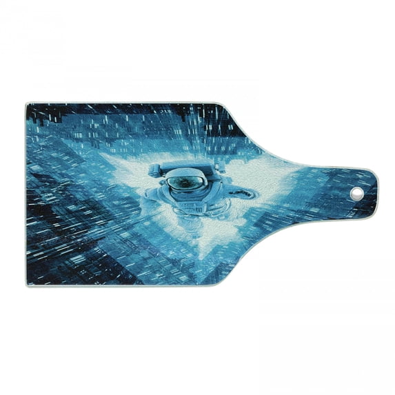 Astronaut Cutting Board, Space Man Diving into the Core Various Geometric Shapes and Triangle Space Adventures, Tempered Glass Cutting and Serving Board, Wine Bottle Shape, Blue, by Ambesonne