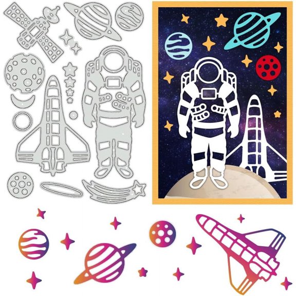 Astronaut Cutting Dies Cosmic Element Metal Stencils Spaceship Moon Decorative Embossing Stencils for Scrapbooking Photo Album Greeting Card Making 0.8mm Thick Stainless Steel Color