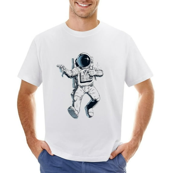 Astronaut Dancing in Space Men’s T-Shirt 100% Cotton Casual Short Sleeve Tops Gift Tee White 2XL