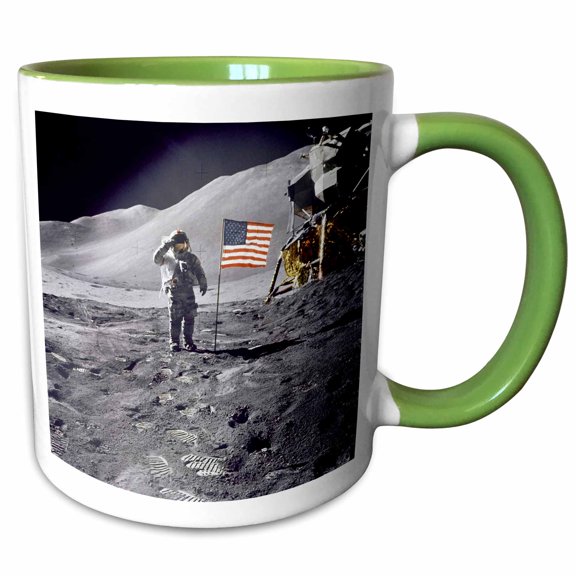 3drose, Astronaut Dave Scott Salutes American Flag on the Moon, 11oz Two-tone Green Mug