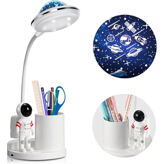 Astronaut Desk Lamp for Kids,Star Space Projector Space Rocket Lamps,Astronauta Lights with Pen Holder,Step-Less Dimming Lighting,Eye-CareReading Small Desk Lamps for Bedroom,Gifts for Boys and Girls