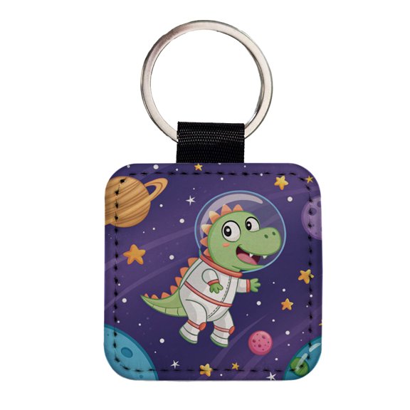 Astronaut Dinosaur Floating Outer Space Planets Faux Leather Square Keychain