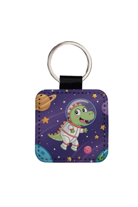 Astronaut Dinosaur Floating Outer Space Planets Faux Leather Square Keychain