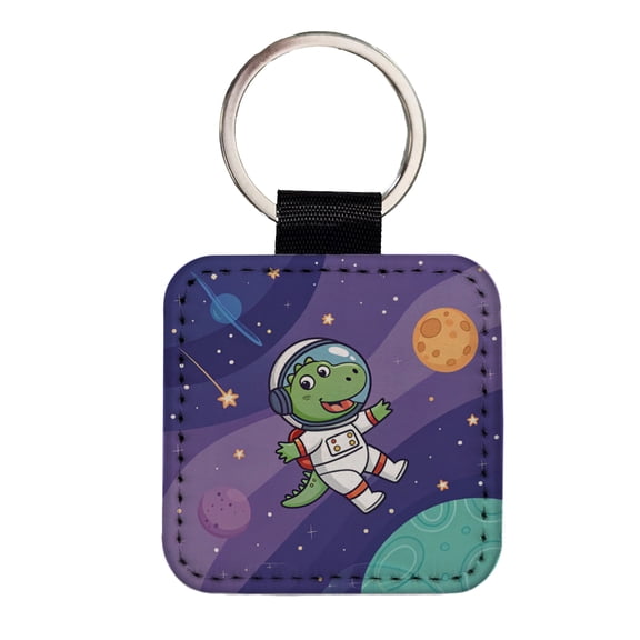 Astronaut Dinosaur In Space Suit Planets Faux Leather Square Keychain