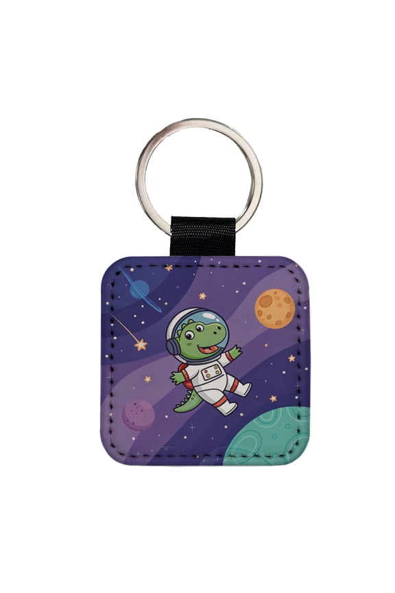 Astronaut Dinosaur In Space Suit Planets Faux Leather Square Keychain