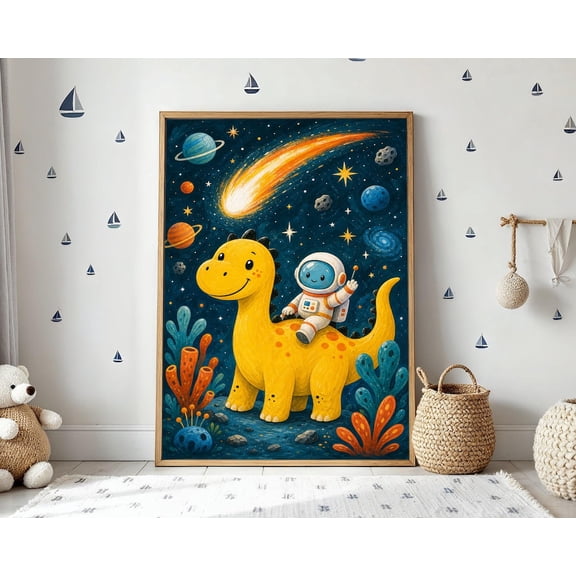 Astronaut Dinosaur Nursery Poster, Space Adventure Wall Art, Unframed Paper Poster 24x36in