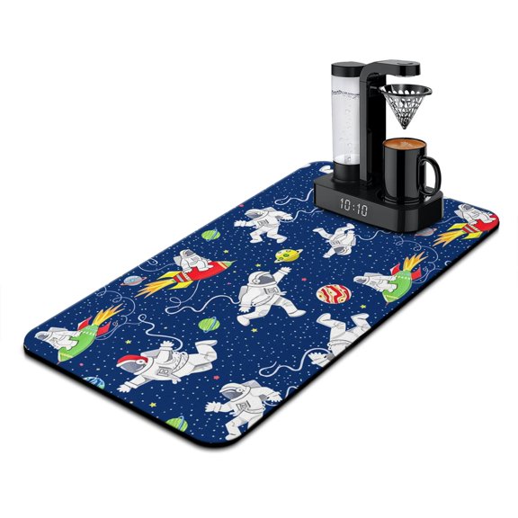 Astronaut Dish Drying Mat, Nebula Cosmic Sci-fi Lovers Space Geek Absorbent Kitchen Mat, Rocket Theme