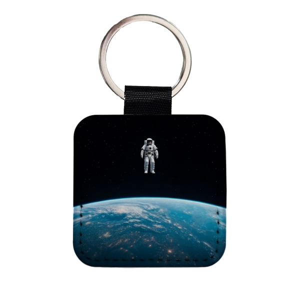 Astronaut Drifting In Space Above Earth Faux Leather Square Keychain