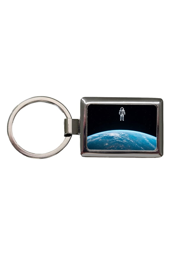 Astronaut Drifting In Space Above Earth Metal Rectangle Keychain