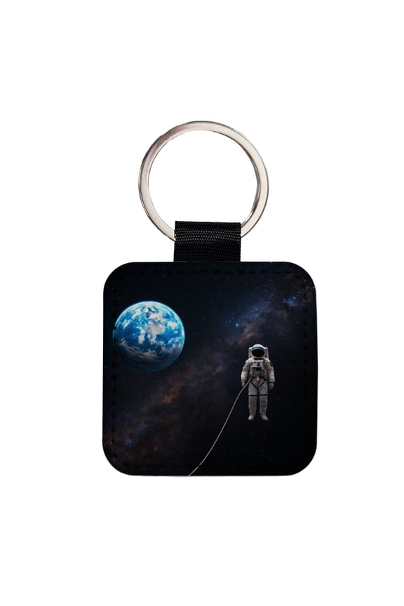 Astronaut Drifting In Space Earth Faux Leather Square Keychain