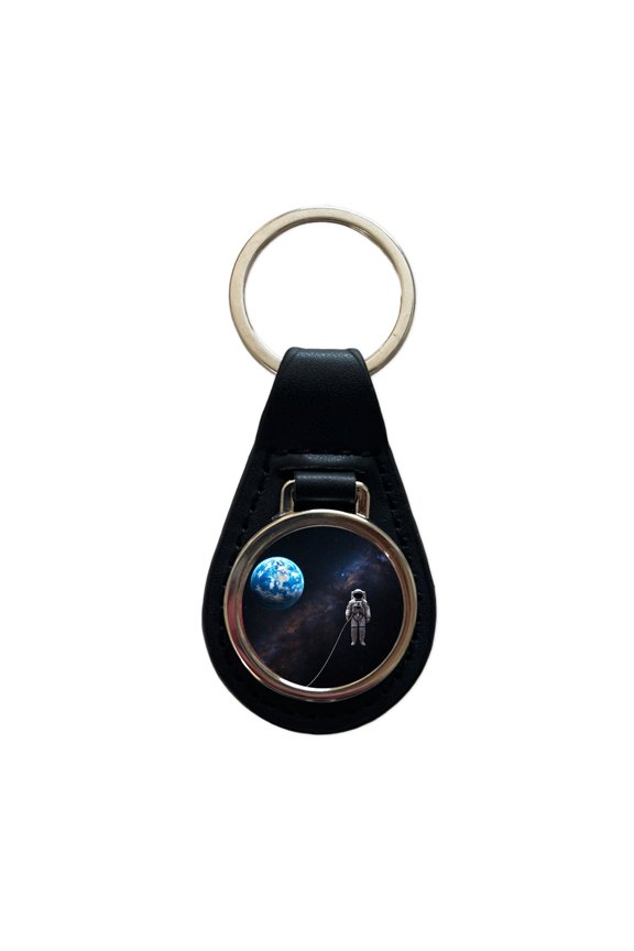 Astronaut Drifting In Space Earth Metal Black Leather Keychain