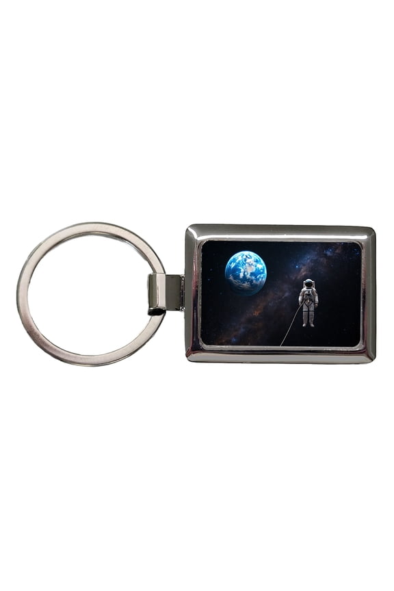 Astronaut Drifting In Space Earth Metal Rectangle Keychain