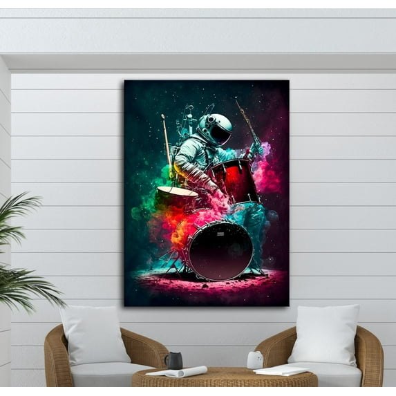 Astronaut Drummer Wall Art, Space Music, Neon Poster, Musician Room Decor, Colorful Drummer Poster For Boys And Teens Home Decor, 12x18 UNFRAMED