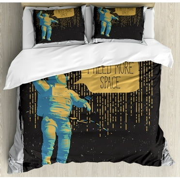 Astronaut Duvet Cover Set, 3D Astronaut I Need More Space Speech Bubble Comic Adventure Science, Decorative 3 Piece Bedding Set with 2 Pillow Shams, Queen Size, Black Mustard Grey, by Ambesonne