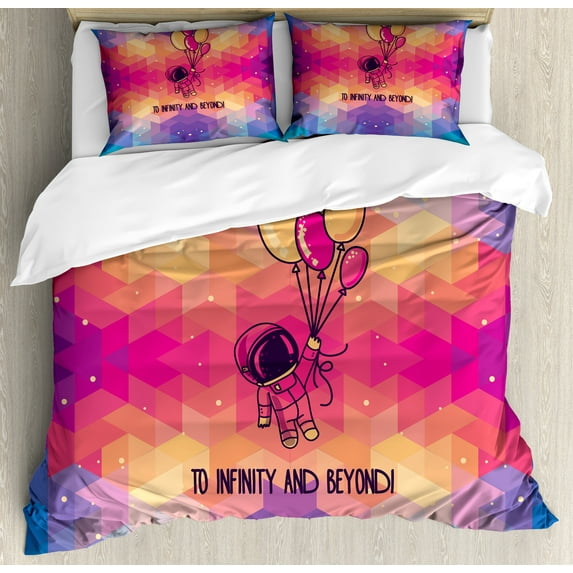 Astronaut Duvet Cover Set, Doodle Astronaut Flying Cubic Space with Baloons to Infinity and Beyond, Decorative 3 Piece Bedding Set with 2 Pillow Shams, King Size, Pink Multicolor, by Ambesonne