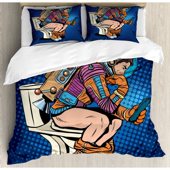 Astronaut Duvet Cover Set, Futuristic Thinking Man Smartphone on Toilet Wasting Time Playing, Decorative 3 Piece Bedding Set with 2 Pillow Shams, Queen Size, Dark Blue Multicolor, by Ambesonne