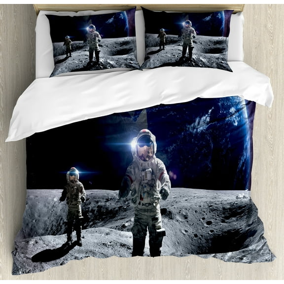 Astronaut Duvet Cover Set, Picturesque of 2 Humans on the Moon Spacewalk Brave Discoveries, Decorative 3 Piece Bedding Set with 2 Pillow Shams, Queen Size, Purpleblue Multicolor, by Ambesonne