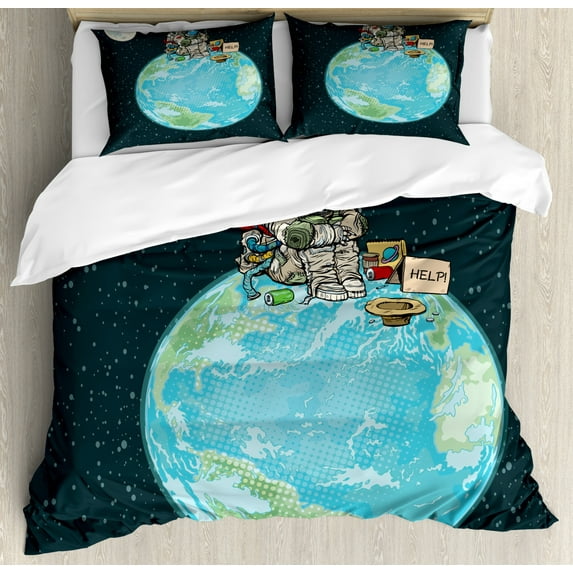 Astronaut Duvet Cover Set Queen Size, Man in a Costume Sitting on top of the World Asking for Help, Decorative 3 Piece Bedding Set with 2 Pillow Shams, Dark Slate Blue and Multicolor, by Ambesonne