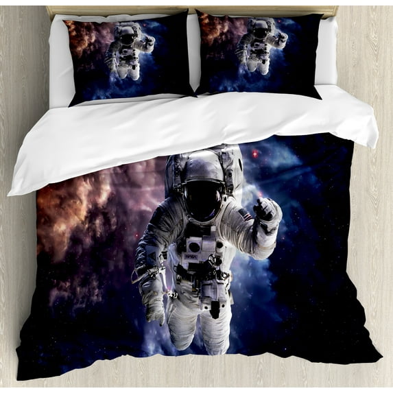 Astronaut Duvet Cover Set, Realistic Space Suit in Space Hovering in Emptiness Space Clouds Stars, Decorative 3 Piece Bedding Set with 2 Pillow Shams, Queen Size, Night Blue Multicolor, by Ambesonne