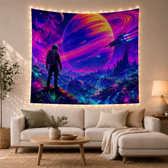 Astronaut Exploring Alien Waterfalls and Planet, Dreamy Psychedelic for Space Lovers, Cosmic Wall Art Halloween Gift, Tapestry Wall Hanging for Bedroom, Dorm and Living Room