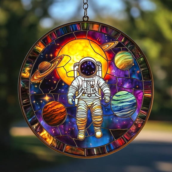 Astronaut Faux Stained Glass Suncatcher, Solar System Window Hanging, Outer Space Planet Decor, Galaxy Gift For Kids Or Him