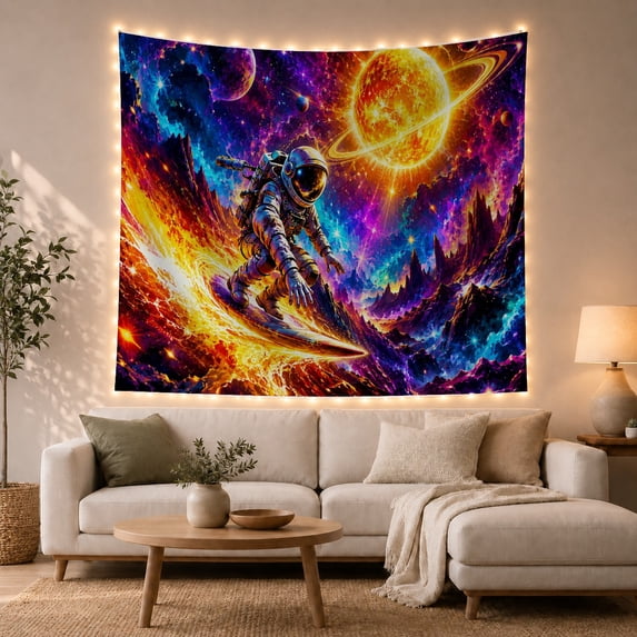 Astronaut Over a Fiery Wave Beneath a Ringed Planet, Adventurous Surreal for Space Lovers, Galactic Wall Art, Birthday Gift, Tapestry Wall Hanging for Gaming Room and Studio