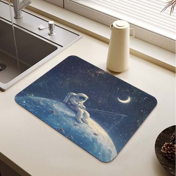 Astronaut Fishing on The Moon Drying Mat Diatomaceous Earth Super Absorbent Slip Rubber Sole Heat Resistant 230 Degrees Fahrenheit 23.6×19.7in