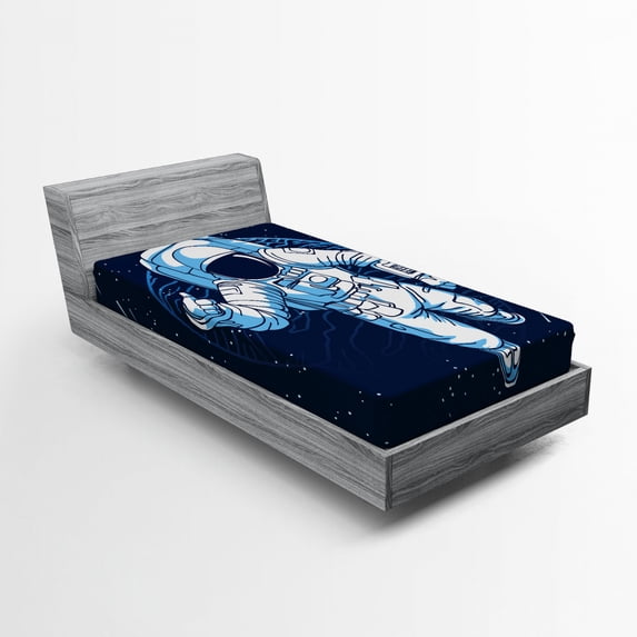 Astronaut Fitted Sheet, Cartoon Design of a Spaceman on Starry Outer Space, Soft Decorative Fabric Bedding All-Round Elastic Pocket, Full Size, Blue Sky, by Ambesonne