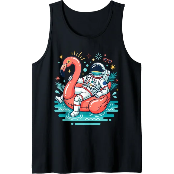 Astronaut Floating On Pink Flamingo Inflatable Space Pool Tank Top Size S-3XL