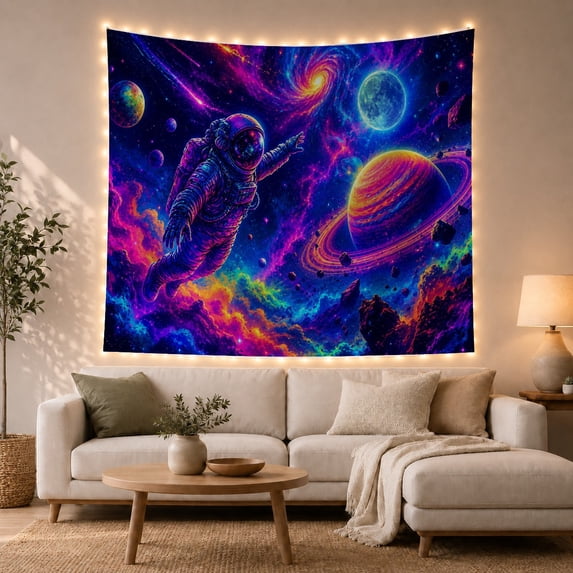 Astronaut Floating in Psychedelic Neon Galaxy, Dreamy Surreal for Space Lovers, Cosmic Wall Art Decor, Birthday Gift Tapestry Wall Hanging for Gaming Room and Dorm