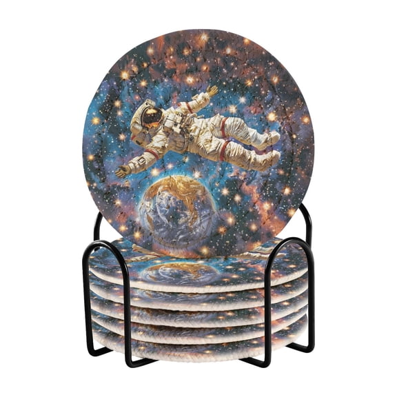 Astronaut Floating Stars Earth Drinking Coasters Cup Mat with Holder for Kitchen Cafe Bar 6 Packs