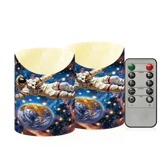 Astronaut Floating Stars Earth Flickering Flameless Candles with Remote Timer Battery Operated LED Tealight Set of 2 S