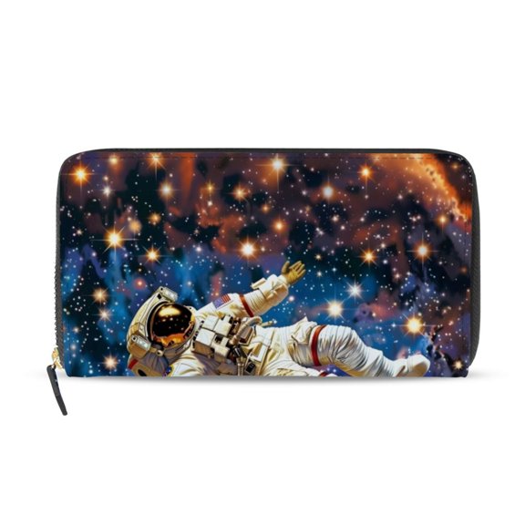 Astronaut Floating Stars Earth Women's Long Zipper Wallet Bifold Clutch Purse PU Leather Card Cases