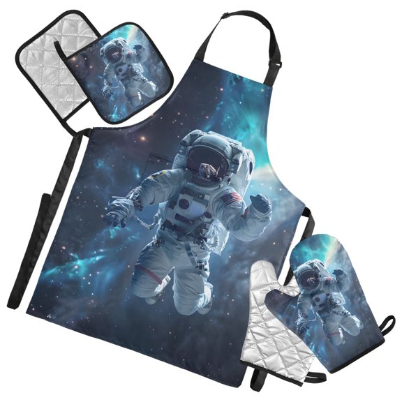 Astronaut Flowing Space 5 Pcs Kitchen Set Heat Resistant Oven Mitts and Non-Slip Pot Holders with Adjustable Cooking Apron