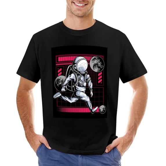 Astronaut Football in Outer Space Vintage T-shirt Mens Cotton Classic Crewneck Short Sleeve Tees Unisex Black XL