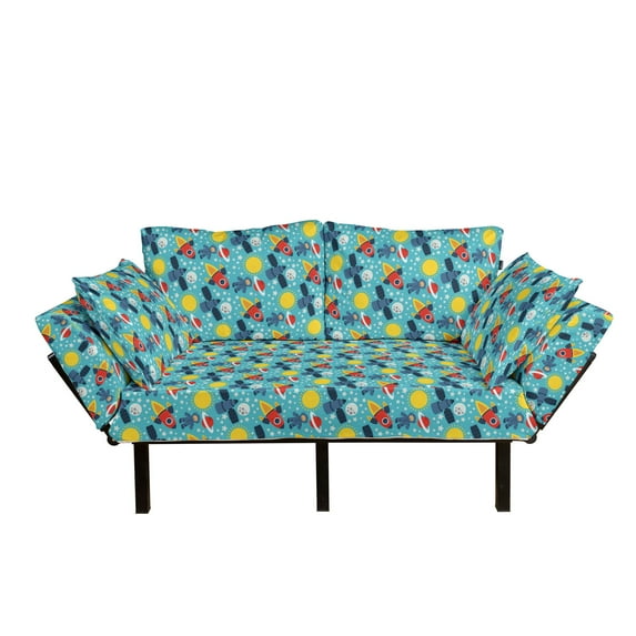 Astronaut Futon Couch, Vibrant Graphic with Cosmonaut Stars Rocket Sun Mercury Cartoon, Daybed with Metal Frame Upholstered Sofa for Living Dorm, Loveseat, Multicolor, by Ambesonne