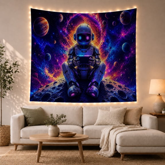 Astronaut with Gaming Controller on Rocky Crater Surface in Cosmic Nebula, Playful Digital Art for Space Lovers, Sci-Fi Wall Art, Housewarming Gift, Tapestry Wall Hanging for Gaming Room and Dorm